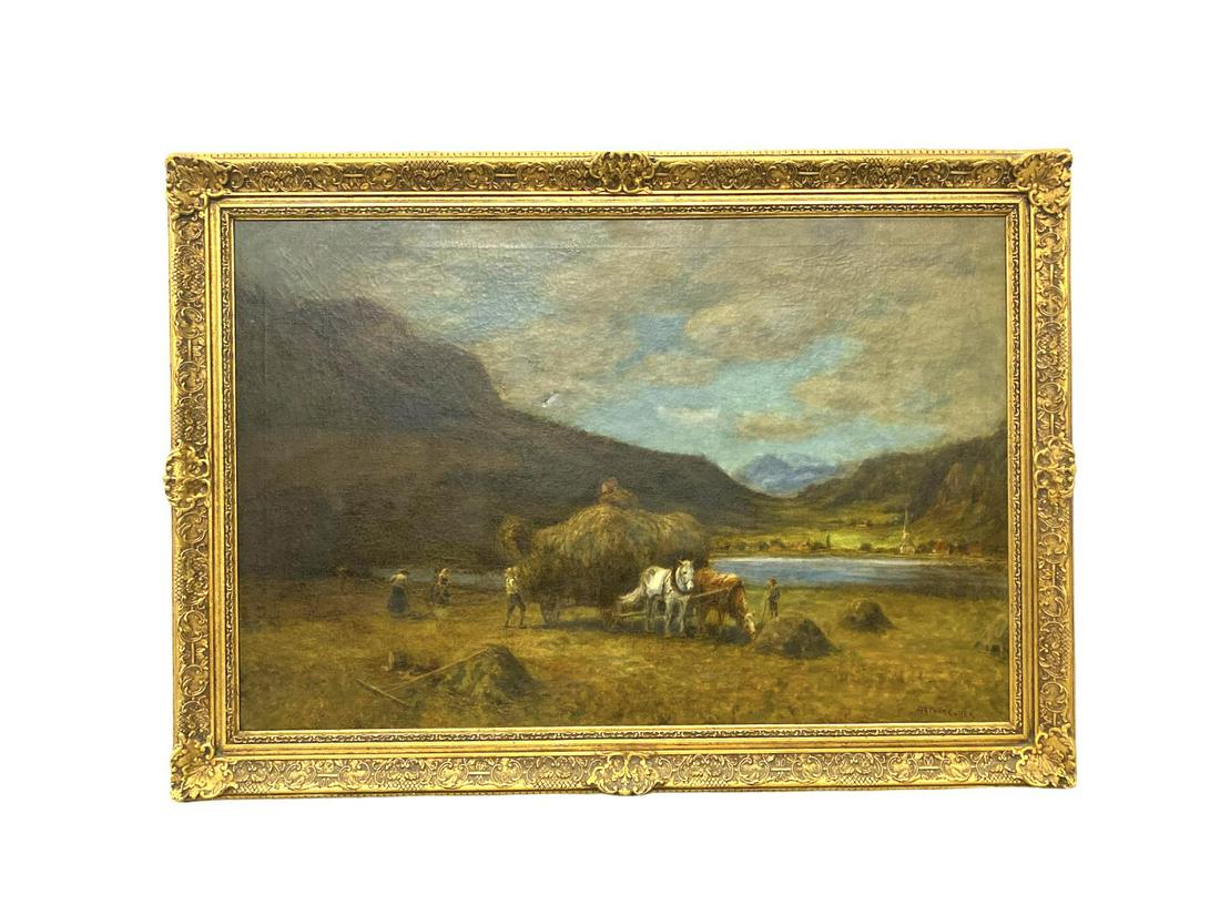 Signed Arthur Cotter British Oil Painting on Canvas: Signed Arthur Cotter British Oil Painting on Canvas Landscape and Horses signed lower right measures 23 1/2" x 35", 4" frame. Canvas has a small hole, sold as is