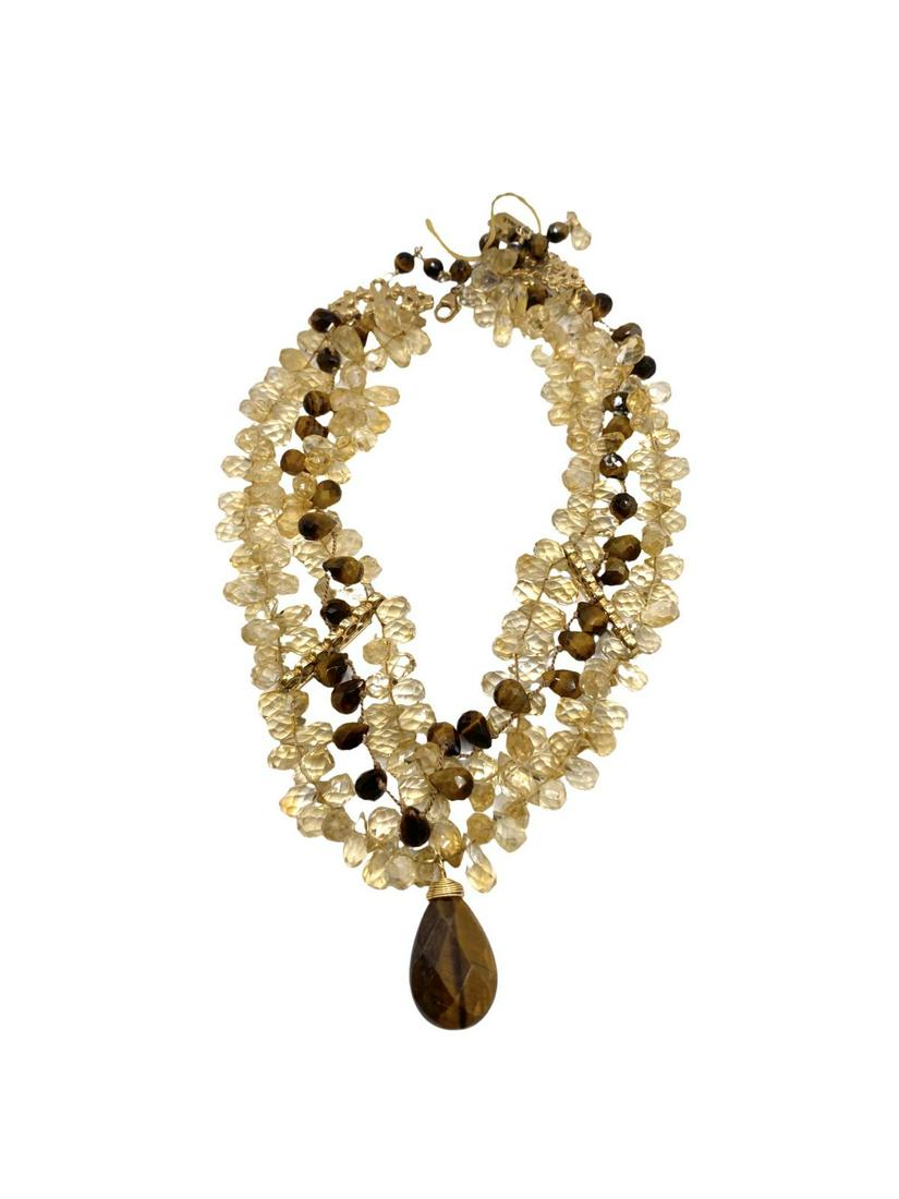 Citrine Faceted, Tiger Eye and 14kt YG Choker Necklace: Citrine Faceted, Tiger Eye and 14kt YG Choker Necklace. Having three strands, faceted citrine and tiger eye beads and 14kt gold accents. Choker length measures L: 14" including extenders measures L: 2