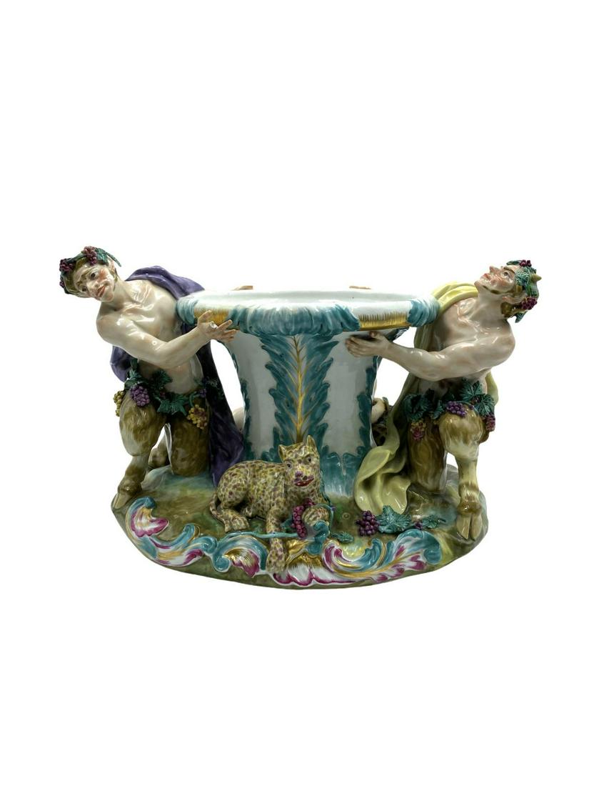 Meissen? Hand Painted Porcelain Figural Centerpiece: Meissen? Hand Painted Porcelain Figural Centerpiece Bowl measures H: 8" x L: 13". Finger is missing, sold as is