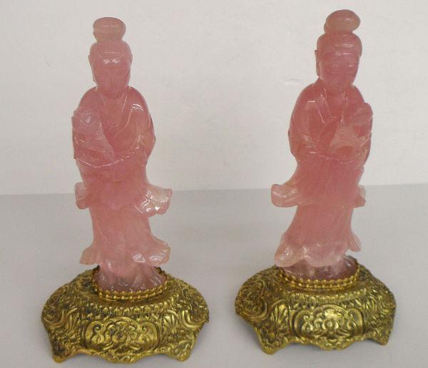 PAIR ROSE QUARTZ QUAN YEN FIGURES: Pair of rose quart quan yen figures on dore bronze bases, height 11 1/4" SHIPPING & REQUIRED INSURANCE $50.00 WITHIN THE CONTINENTAL U.S., FOR INTERNATIONAL SHIPPING QUOTES PLEASE EMAIL US AT EBAYLIVE