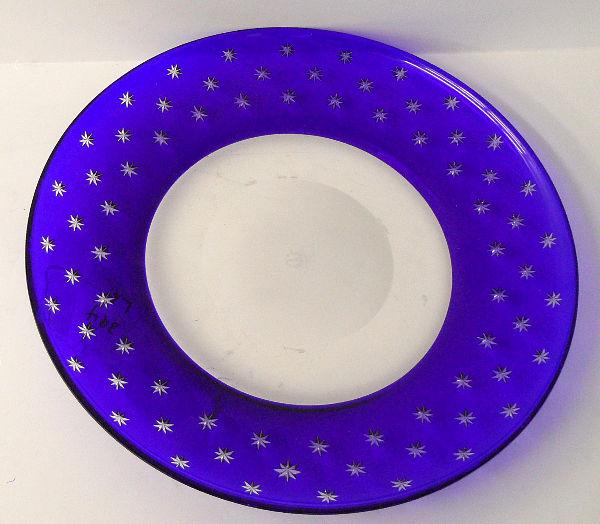 ST LOUIS CRYSTAL COBALT BLUE & CLEAR CHARGER: St Louis Crystal Clear & Cobalt Star Charger. Has hand etched star design on rim. Cobalt rim and clear center. Marked on bottom. 11 3/4" diameter. SHIPPING & REQUIRED INSURANCE IS $30.00 WITHIN THE CO
