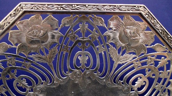 GORHAM PIERCED STERLING SILVER TWO HANDLED TRAY: Gorham Pierced Sterling Silver two handled tray, six sided & footed Gorham hallmarks, weigh 17 Troy Oz. 11 1/2" x 14 1/2". Needs polishing. SHIPPING & REQUIRED INSURANCE IS $25.00 WITHIN THE CONTINENT