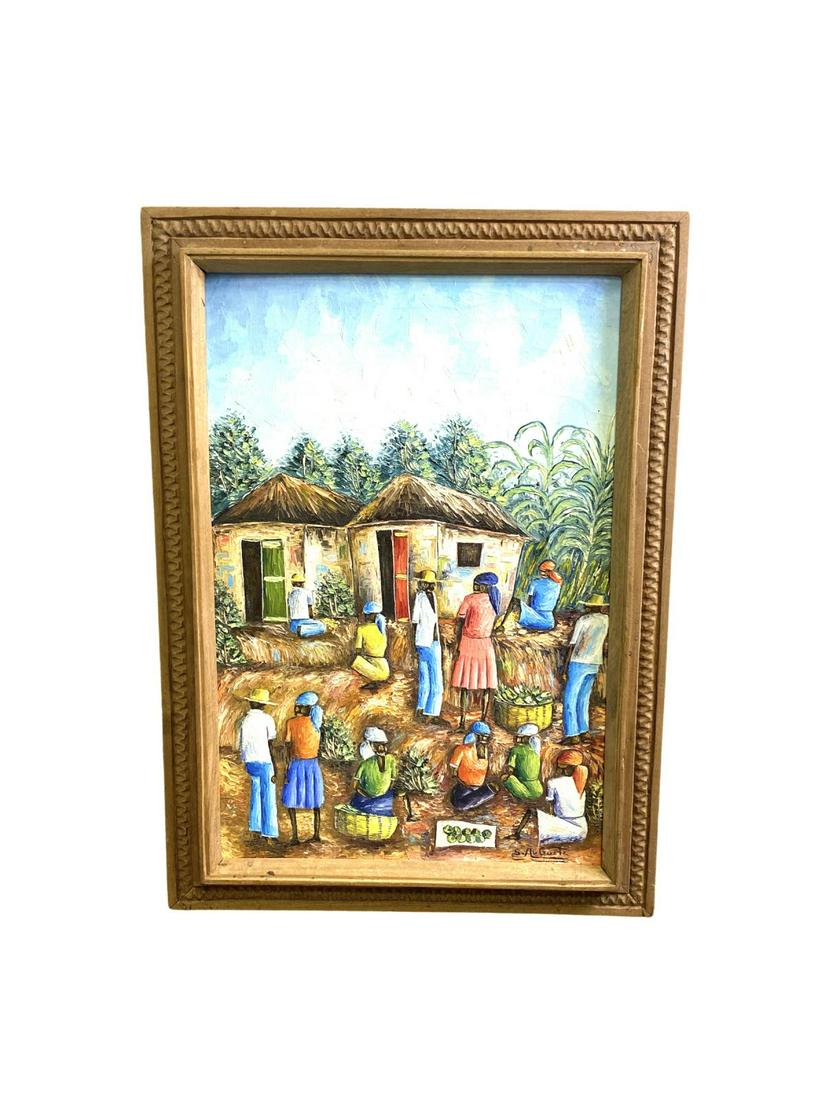 Signed G. Auguste Haitian Oil Paitning on Canvas Street: Signed G. Auguste Haitian Oil Paitning on Canvas Street Scene signed lower right measures H: 23 1/2" x W: 15 1/2", 2" frame