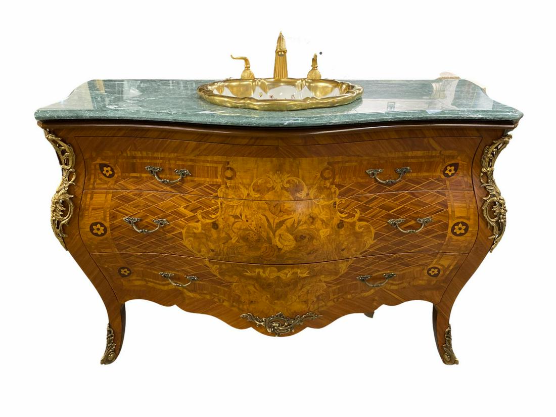 Louis XV Style Bronze Mounted Marquetry Parquetry: Louis XV Style Bronze Mounted Marquetry Parquetry Marble Top with Hand Painted Le Bijou Gold Rimmed Over Mounts Sink Phylrich Gold Faucet measures 35" x 56" x 22"