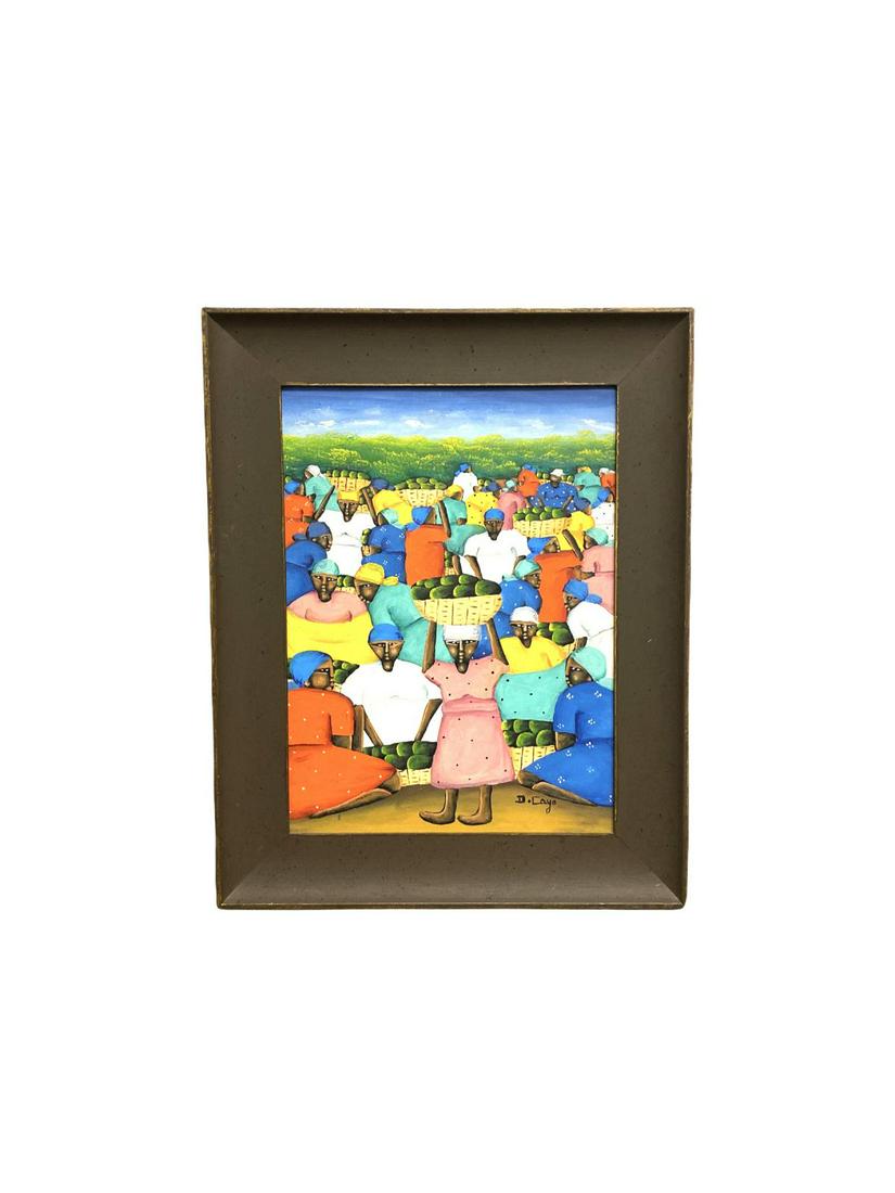 Signed D. Cayo Haitian Oil Painting on Board Market: Signed D. Cayo Haitian Oil Painting on Board Market Vendors signed lower right measures 15" x 11", 2 3/4" frame