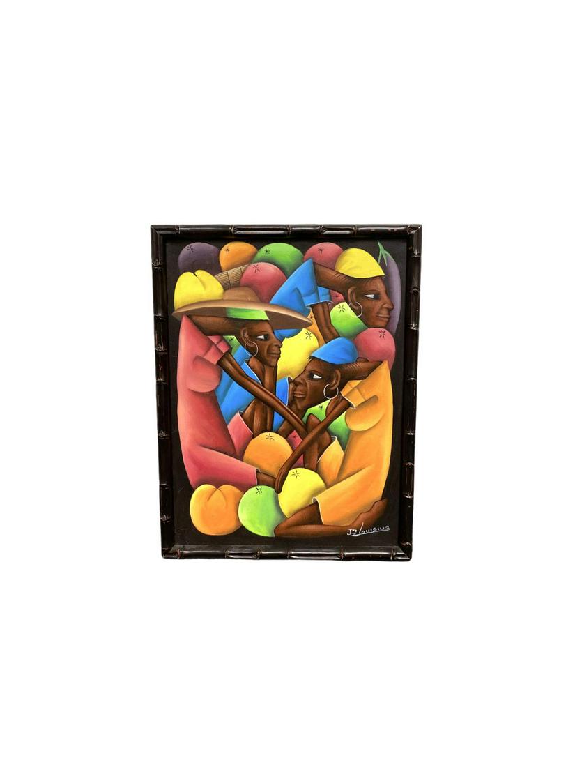 Signed Jean Bruno Louisius Haitian Acrylic on Canvas: Signed Jean Bruno Louisius Haitian Acrylic on Canvas Haitian Marketplace signed lower right measures 15" x 11", 3/4" frame