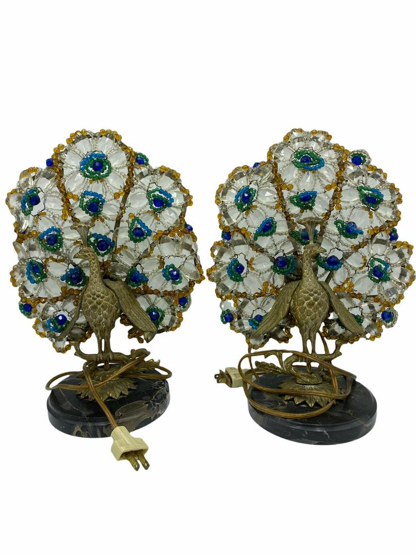 Pair of Czech Art Deco Bronze and Beaded Glass Peacock: Pair of Czech Art Deco Bronze and Beaded Glass Peacock Lamp on Marble Base measures 12" x 9"