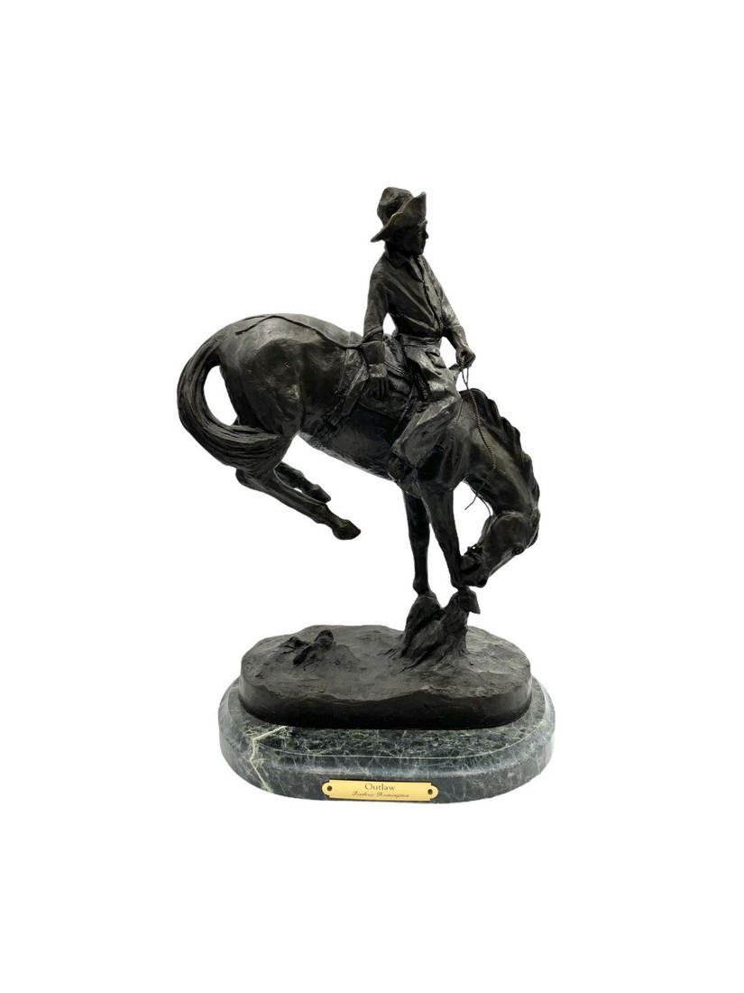 After Frederic Remington (American, 1861-1909) Outlaw: After Frederic Remington (American, 1861-1909) Outlaw Bronze Sculpture on Marble Base measures 15" x 9" x 7"