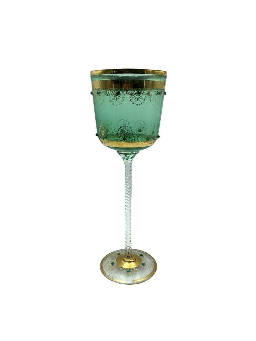 Bohemian Green and Gilt Glass Goblet: Bohemian Green and Gilt Glass Goblet measures H: 12 1/2"