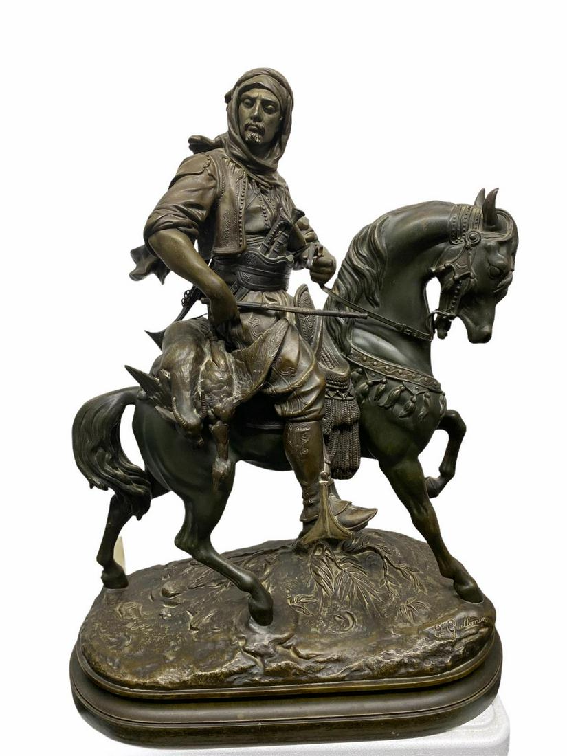 Signed Barye Fils French Metal Arabian Hunter on Horse: Signed Barye Fils French Metal Arabian Hunter on Horse measures H: 25 1/2" x W: 20"