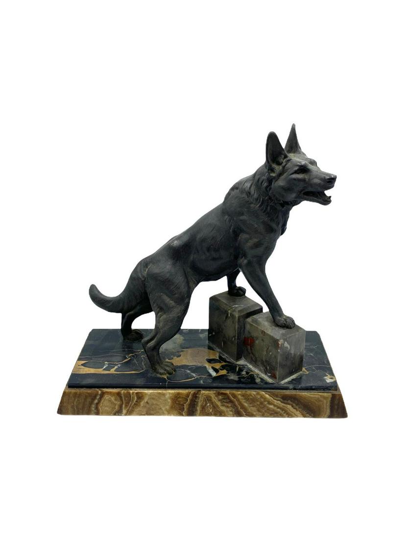 Antique Art Deco French Metal and Marble Base Dog: Antique Art Deco French Metal and Marble Base Dog Sculpture by L. Carvin measures H: 12" x W: 12"