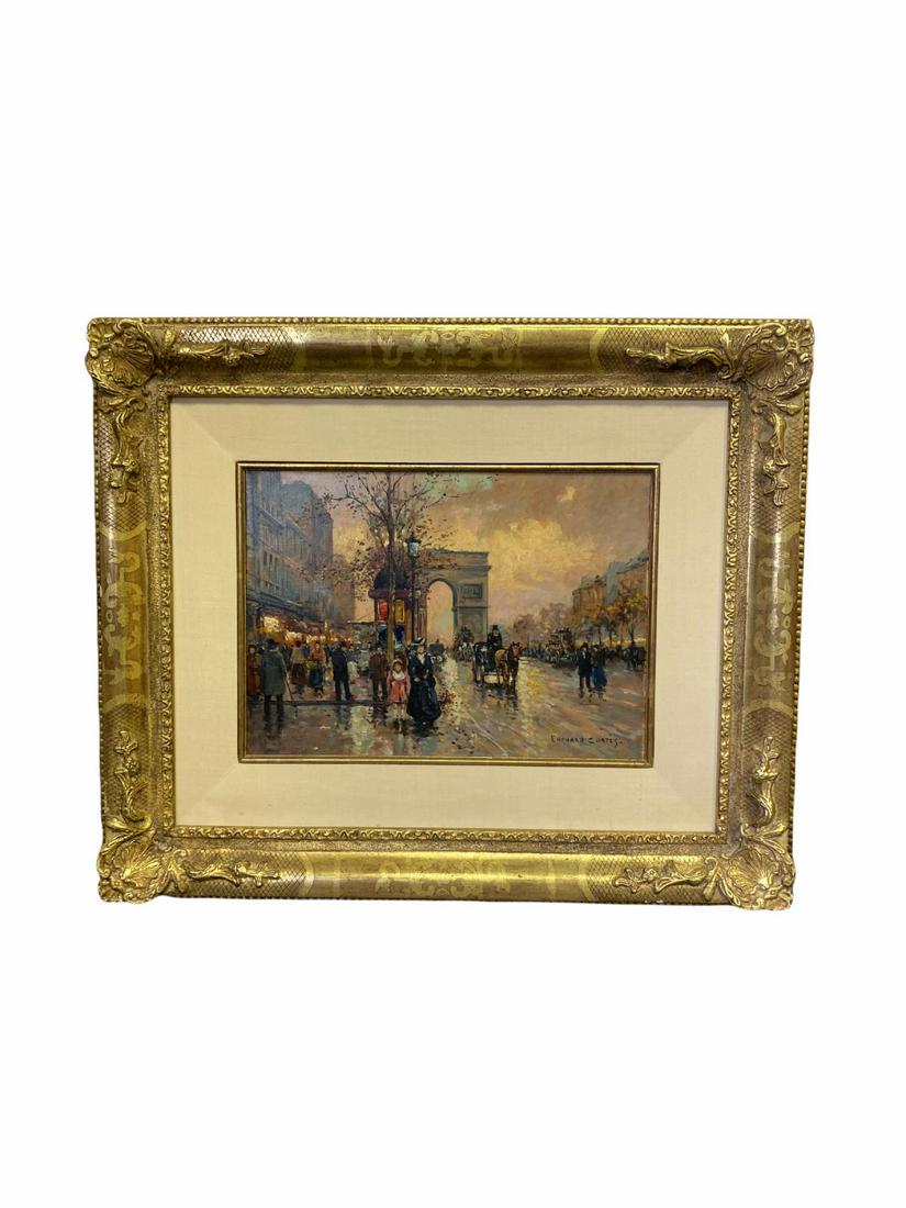 Edouard Cortes Oil Painting on Canvas Titled The Champs: Edouard Cortes Oil Painting on Canvas Titled The Champs Elysees measures 13" x 18", 6" frame and matte. Original bill William Doyle Galleries dated November 18th, 1989 for $13,000 not including buyer'