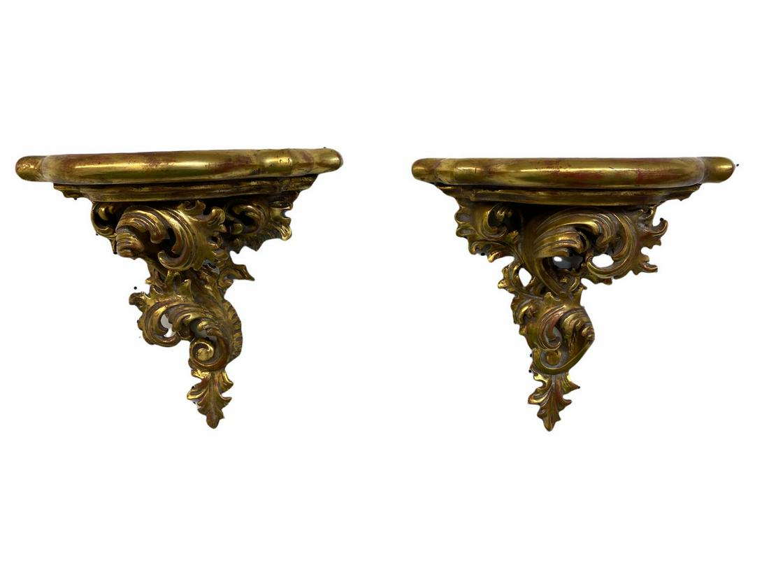 Pair of Italian Gold Leaf Rucoco Style Hanging Wall: Pair of Italian Gold Leaf Rucoco Style Hanging Wall Brackets measures H: 15" x L: 16"