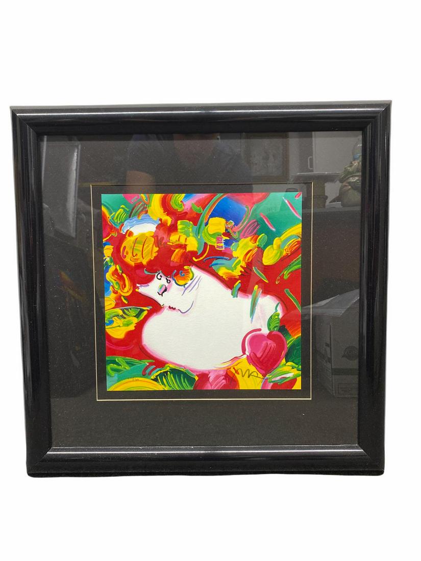 Signed Peter Max (American b. 1937) Color Lithograph: Signed Peter Max (American b. 1937) Color Lithograph Portrait of a Woman, Hand Embellished signed LR and numbered 226/300 measures H: 11" x W: 10 3/4", 5" frame and matte