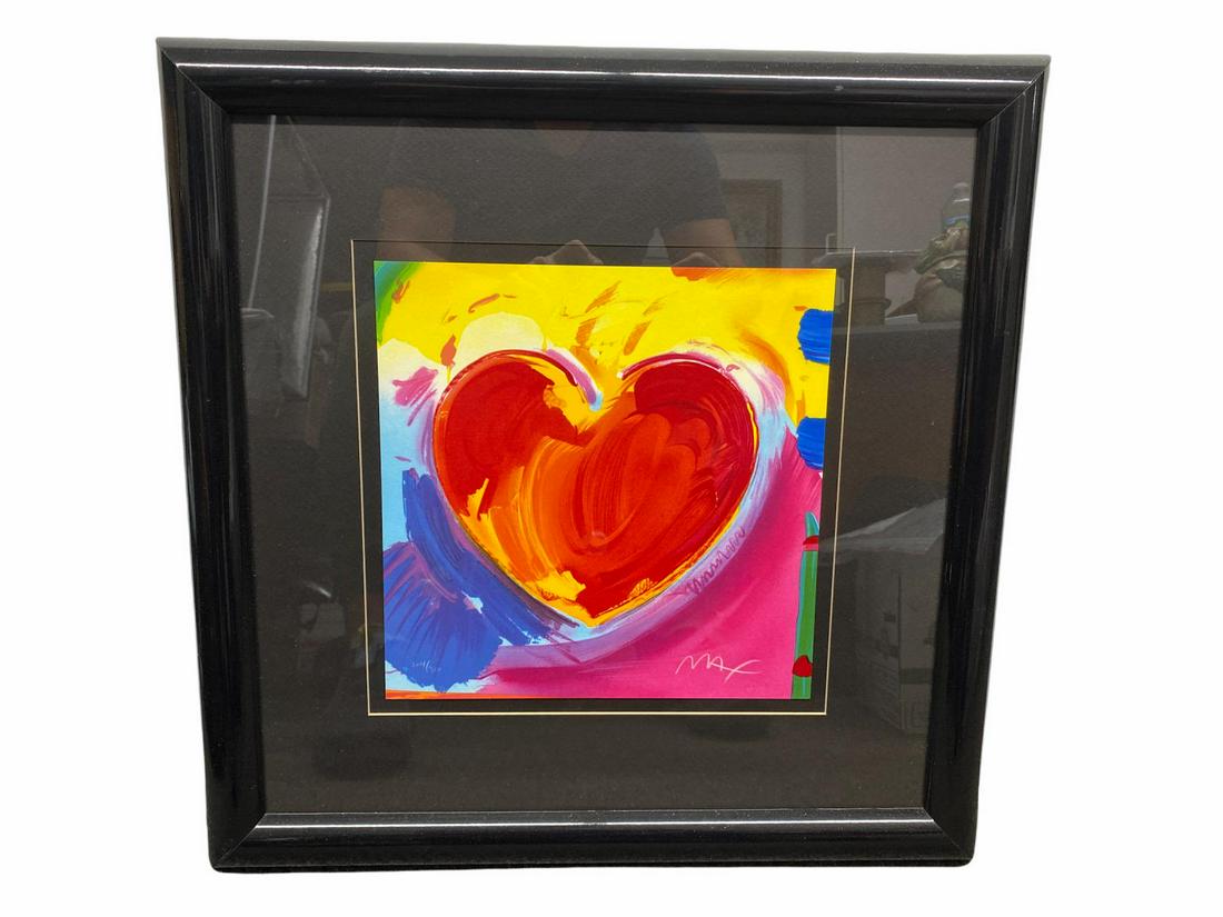 Signed Peter Max (American b. 1937) Heart Color: Signed Peter Max (American b. 1937) Heart Color Lithograph. Signed LR and numbered 204/300 measures H: 11" x W: 11", 5 1/8" frame and matte