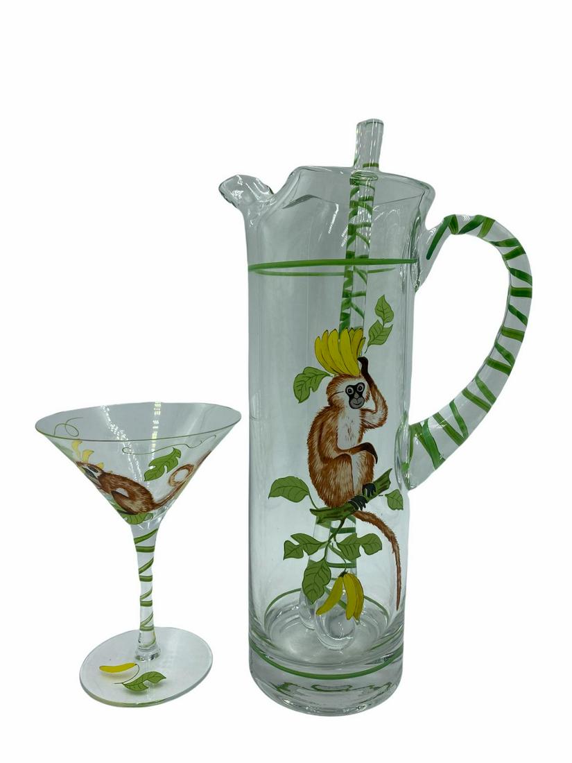 Lot of 7 Lynn Chase Monkey Business Clear Glass Martini: Lot of 7 Lynn Chase Monkey Business Clear Glass Martini Set includes 6 martini glasses measures H: 6" and 1 pitcher with matching stirrer measures H: 11"