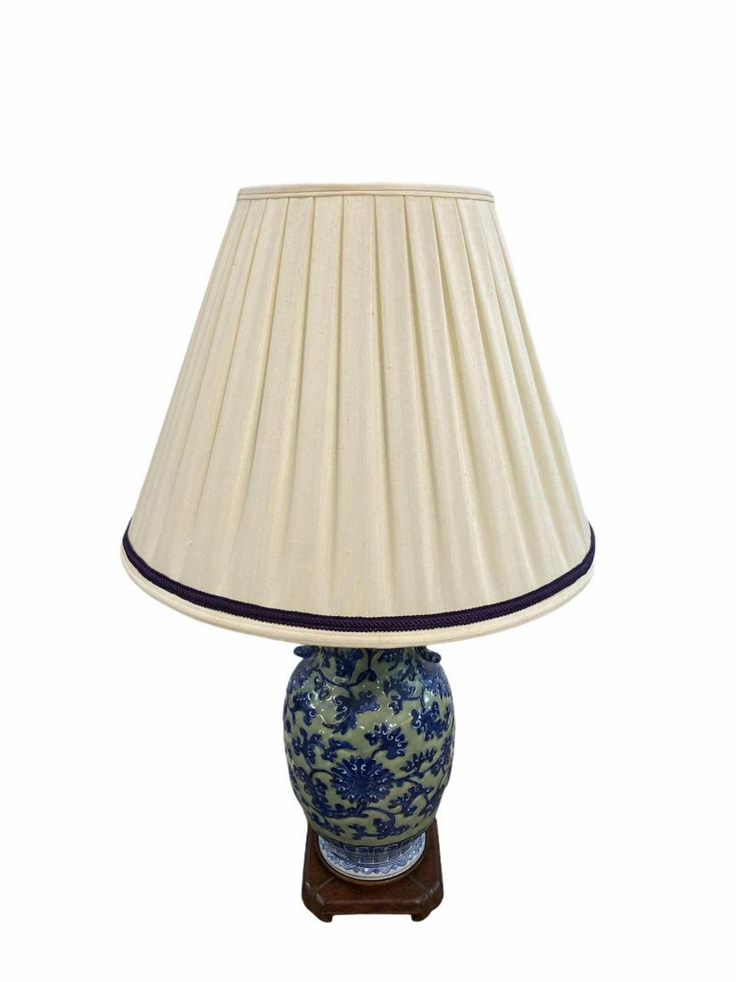 Antique Chinese Celadon and Blue Porcelain Table Lamp: Antique Chinese Celadon and Blue Porcelain Table Lamp measures H: 28"