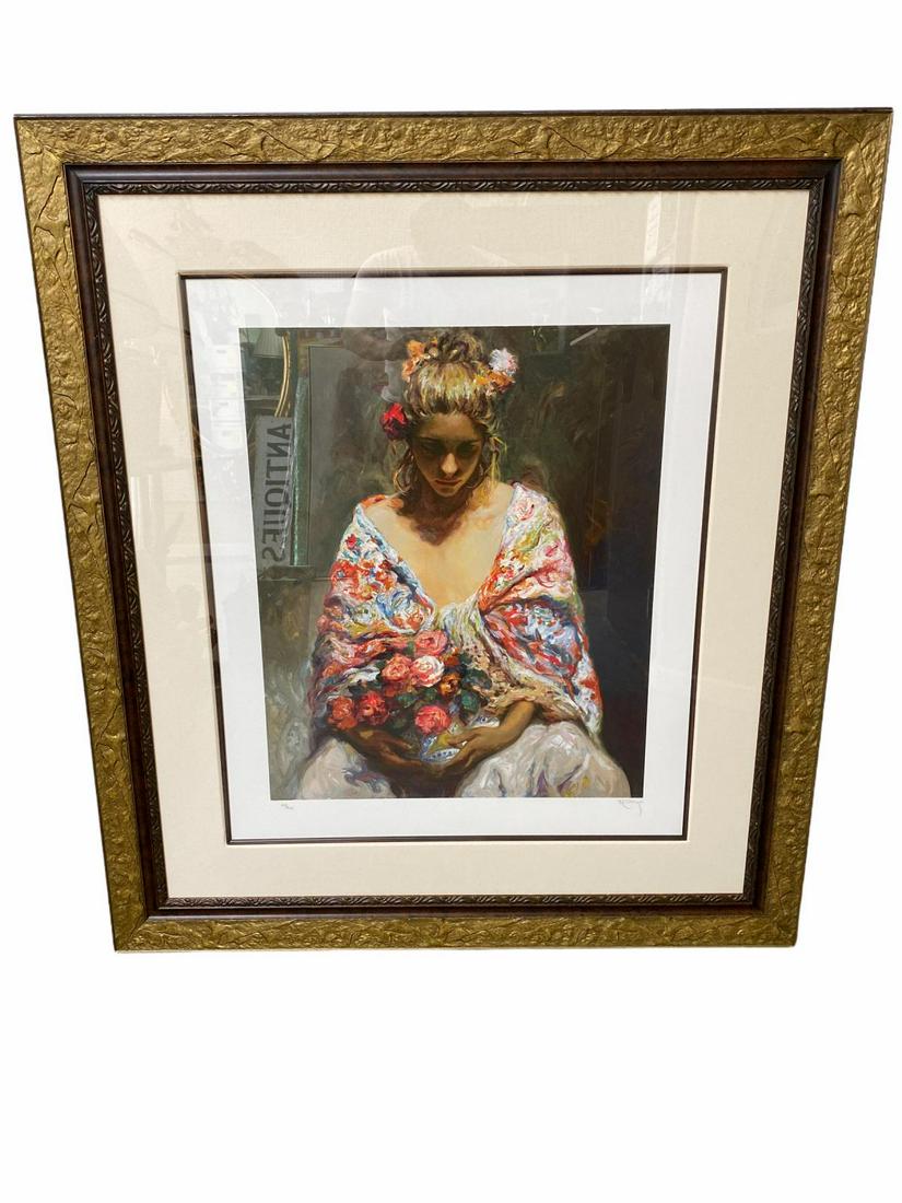 Signed Jose Royo (Spanish b. 1945) Serigraph Limited: Signed Jose Royo (Spanish b. 1945) Serigraph Limited Edition of Lady Portrait with Flowers. Signed and numbered 218/225. Signed lower right, measures 34" x 29", 8" frame and matte