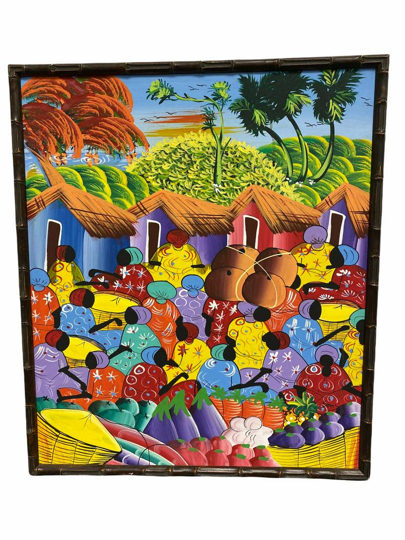 Signed Haitian Oil Painting on Canvas Marketplace: Signed Haitian Oil Painting on Canvas Marketplace signed lower right measures 24" x 21"