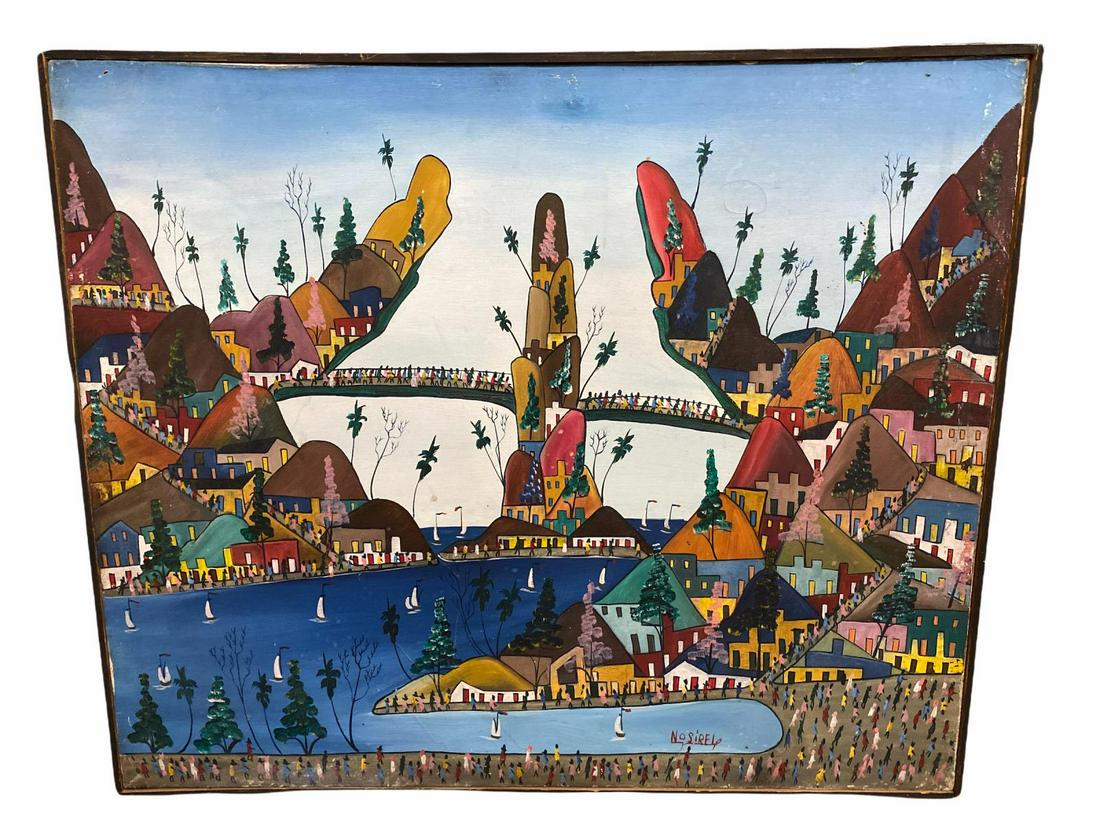 Signed Mosirel Depal Haitian 20th Century Painting on: Signed Mosirel Depal Haitian 20th Century Painting on Canvas Bridges. Signed lower right measures 20" x 24"
