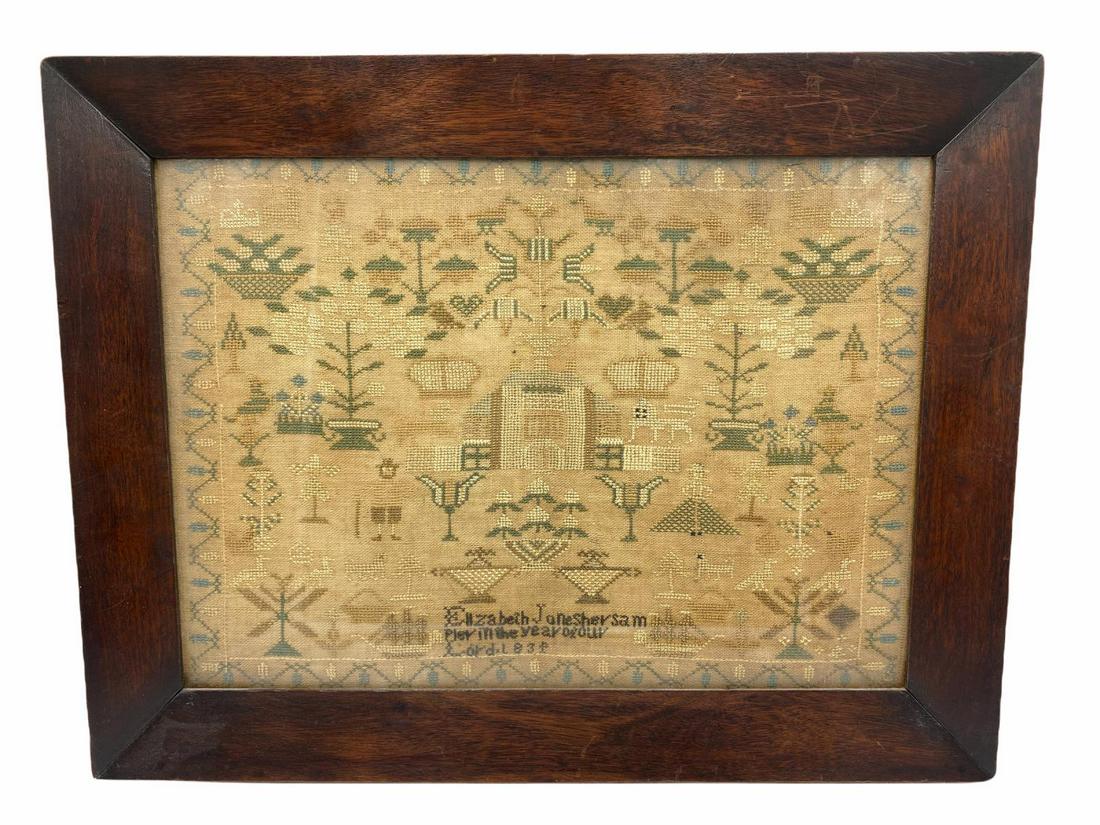19th Century Needlework Sampler Elizabeth Jones Her: 19th Century Needlework Sampler Elizabeth Jones Her Sampler in the Year of our Lord 1834 measures 16" x 11 1/2", 2" frame