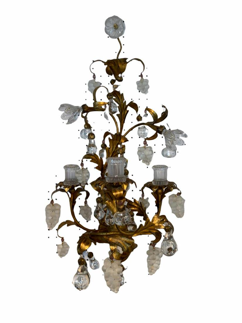 Pair of French Gilt Metal and Crystal Wall Light: Pair of French Gilt Metal and Crystal Wall Light Sconces measures 28" x 17"