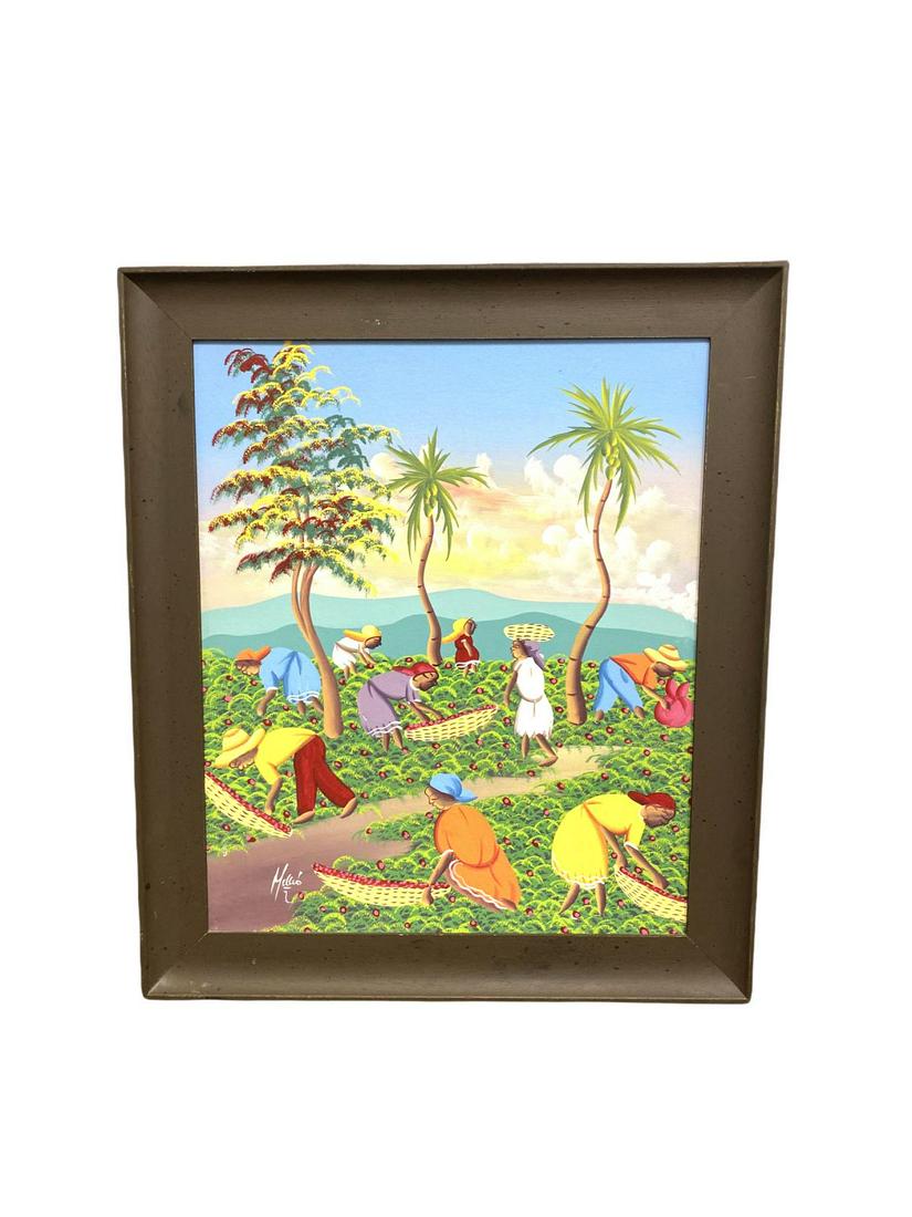 Signed Vintage Haitian Oil Painting on Canvas Picking: Signed Vintage Haitian Oil Painting on Canvas Picking Fruits signed lower left measures 22" x 19", 3" frame