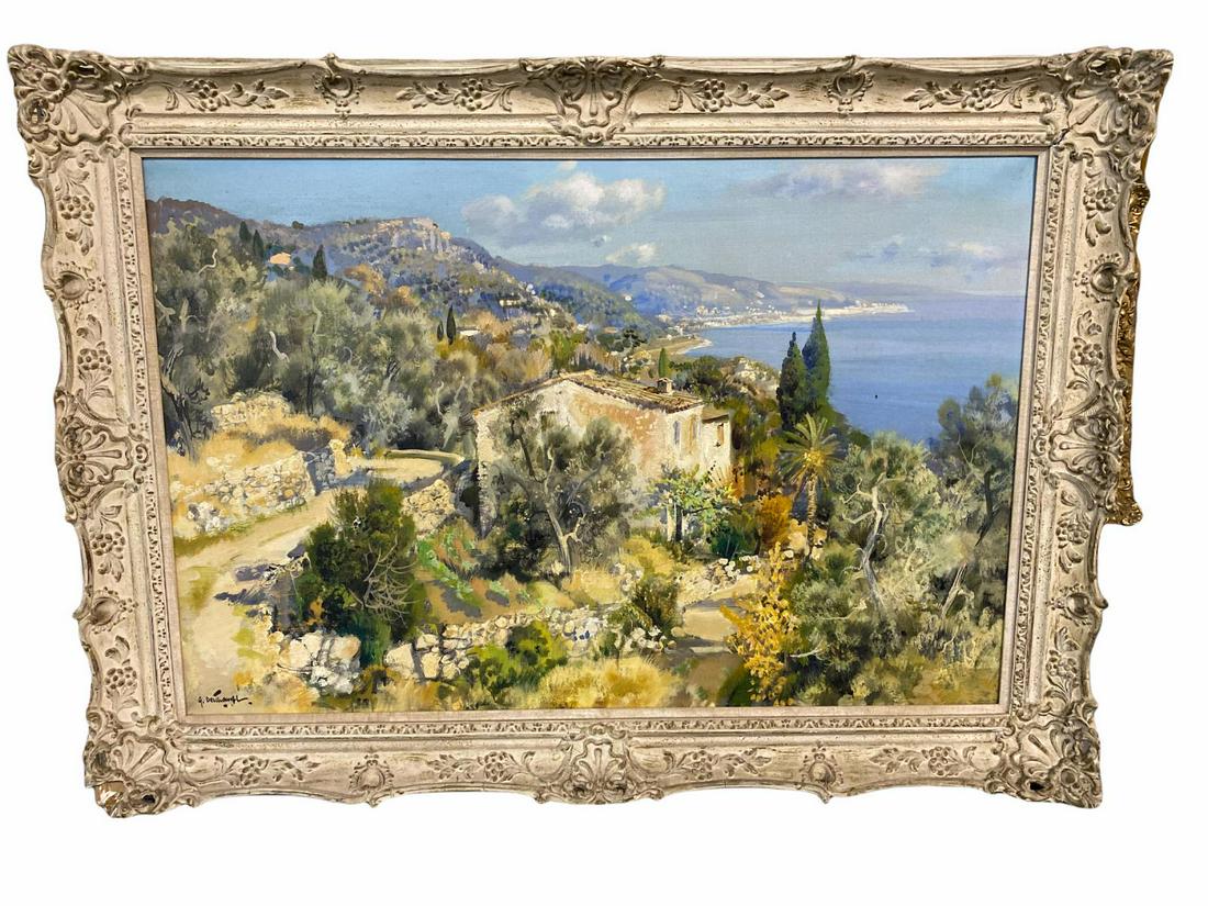 Signed Gabriel Deschamps (French b. 1919) Oil Painting: Signed Gabriel Deschamps (French b. 1919) Oil Painting on Canvas Mediterranean Landscape and The Sea in the Distance, signed lower left