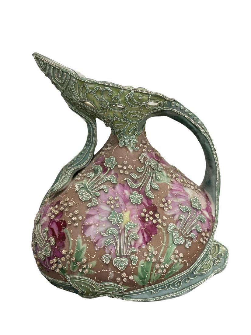 Nippon Moriage Porcelain Pitcher: Nippon Moriage Porcelain Pitcher measures 7 1/2" x 7"