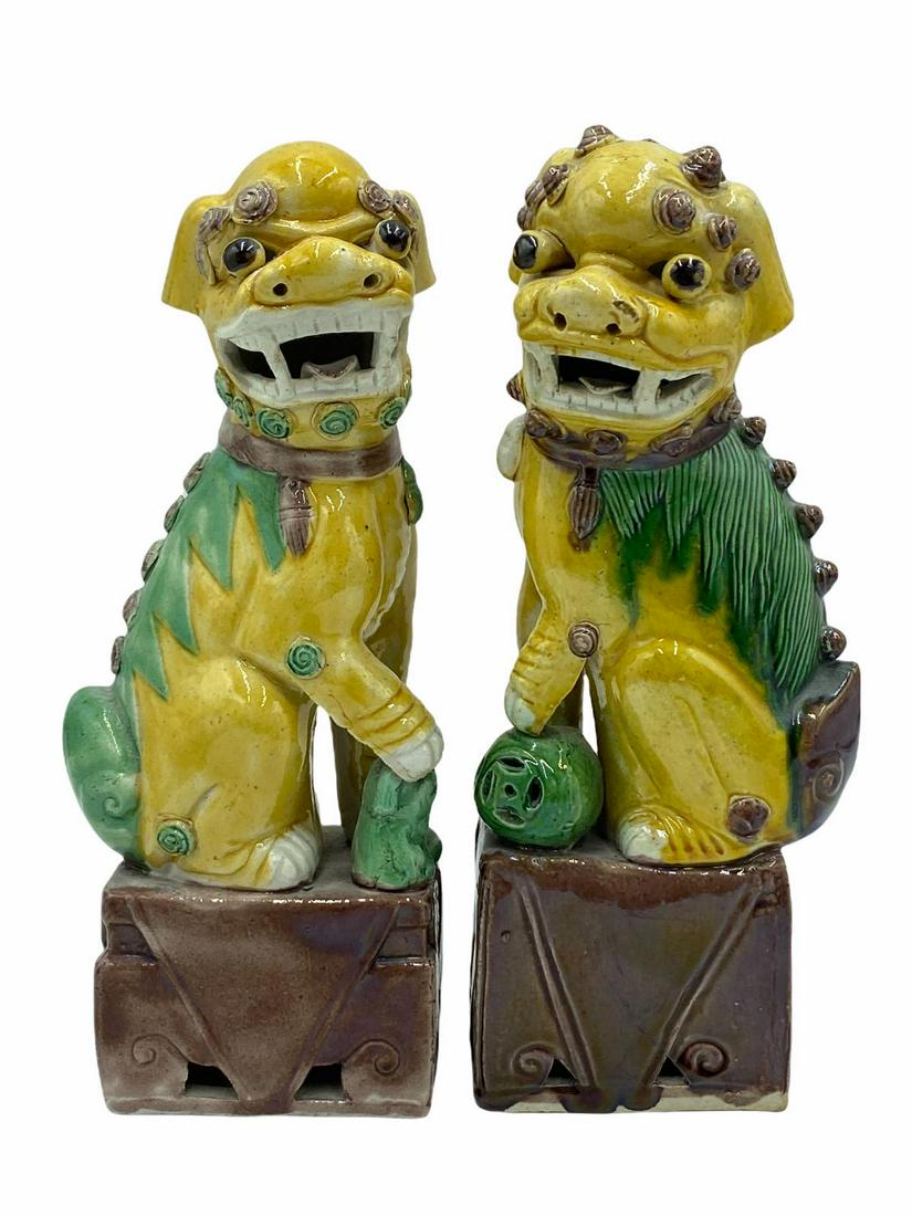 Pair of Chinese Glazed Porcelain Foo Dogs: Pair of Chinese Glazed Porcelain Foo Dogs measures H: 9"