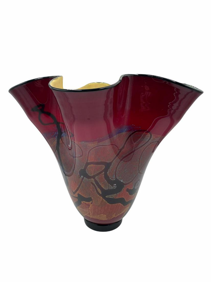 Signed Michael Nourot Ruffled Blown Art Glass Vase: Signed Michael Nourot Ruffled Blown Art Glass Vase signed and dated on bottom measures H: 13 1/2"