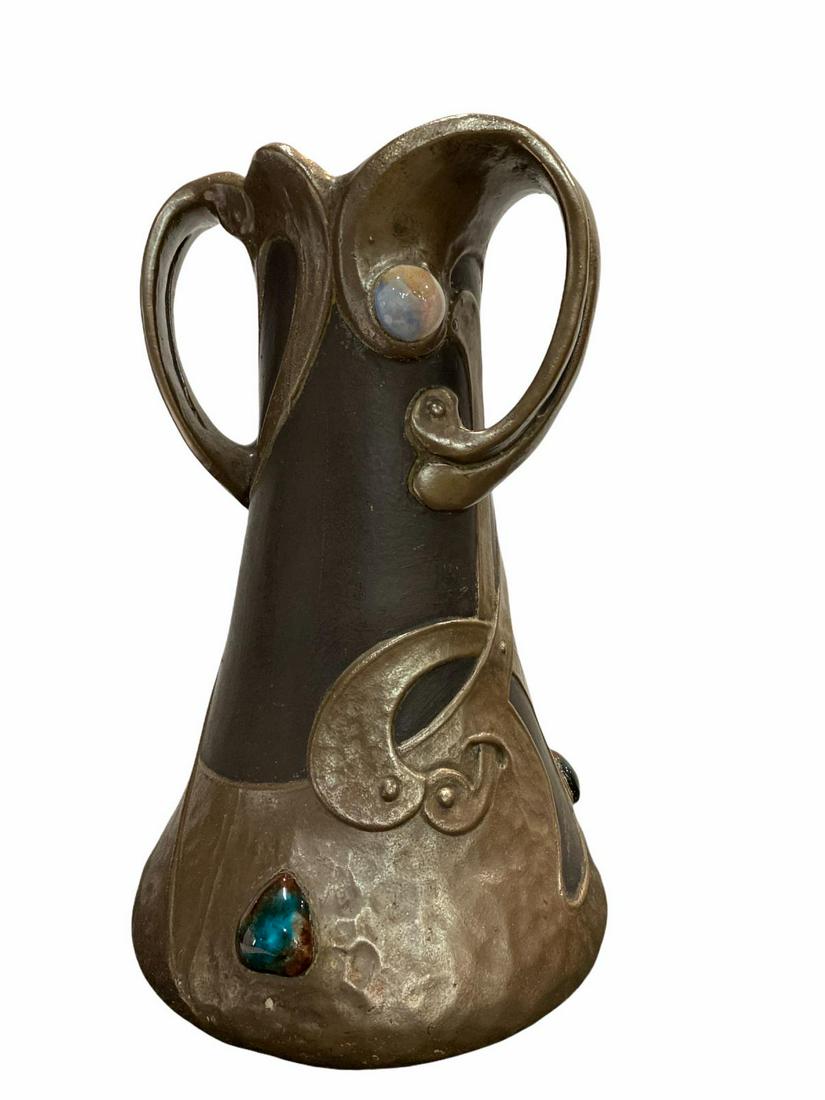 Art Nouveau Bretby Pottery Bronze Lustre Enameled: Art Nouveau Bretby Pottery Bronze Lustre Enameled Cabochon Inlaid Two Handled Vase Bretby England 1669 on bottom