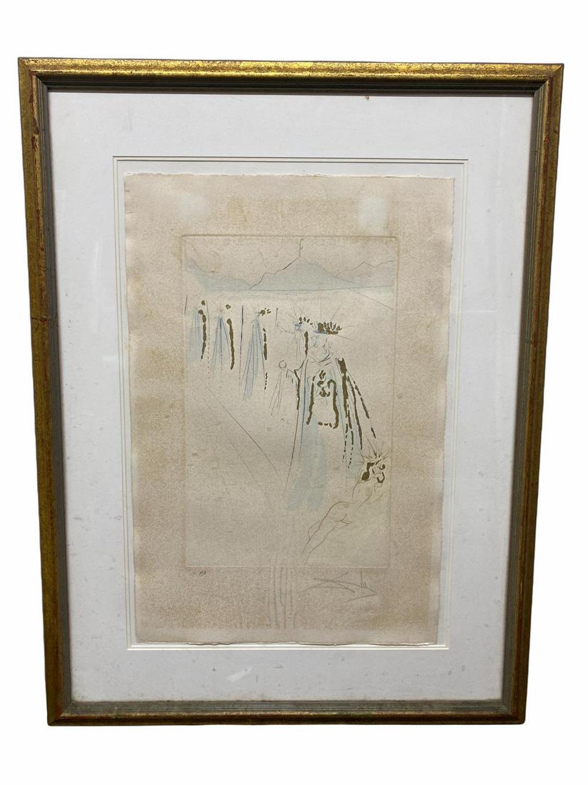 Signed Salvador Dali (Spanish, 1904-1989) Colored: Signed Salvador Dali (Spanish, 1904-1989) Colored Etching with Gold The King's Train from the Song of Songs of King Solomon. Signed in plates EA lower left measures 22" x 16", 4 1/2" frame and matte