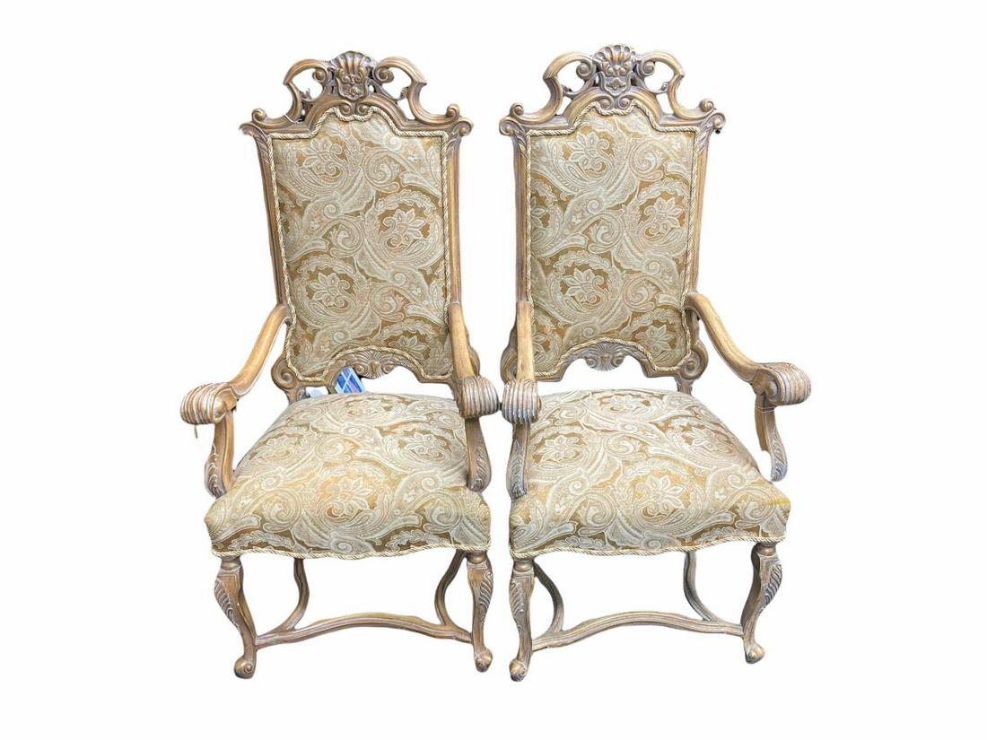 Pair of Louis XV Style Hand Carved Upholstered Arm: Pair of Louis XV Style Hand Carved Upholstered Arm Chairs measures 55" x 26" x 21"