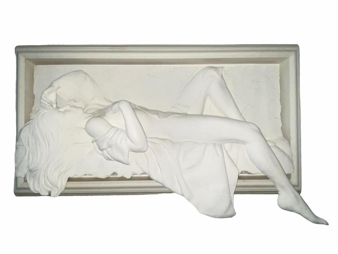 Signed Bill Mack (American b. 1949) Melody Revealed: Signed Bill Mack (American b. 1949) Melody Revealed Nude Reclining Bonded Sand Relief Wall Sculpture. Signed upper right measures 22" x 49", 5" frame