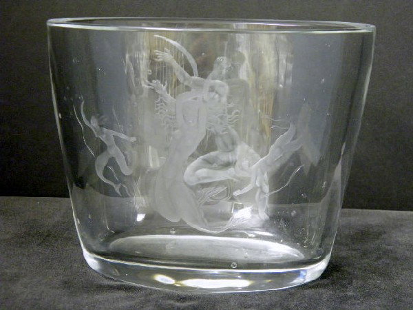 Deco Design Orrefors ExhibitionGlass Vase., Signed: Deco design Orrefors exhibition vase. Etched Orrefors vase, artist signed Lyndst Rand - dated 1949 Expo, 1096. Carved in opaque with a naked poseidon playing a harp and the opposite side having three 