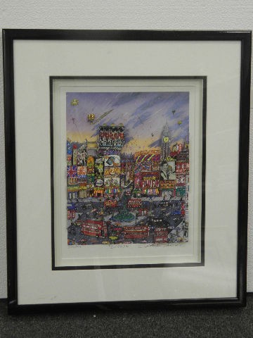 Charles Fazzino 3D art titled London: Limited edition Charles Fazzino 3d art, mounted in a picture box frame titled London. Showing Picadilly circus, Big Ben, Red Buses etc. signed in pencil, and numbered 374/475 approx. 21" H X 18 1/2'W