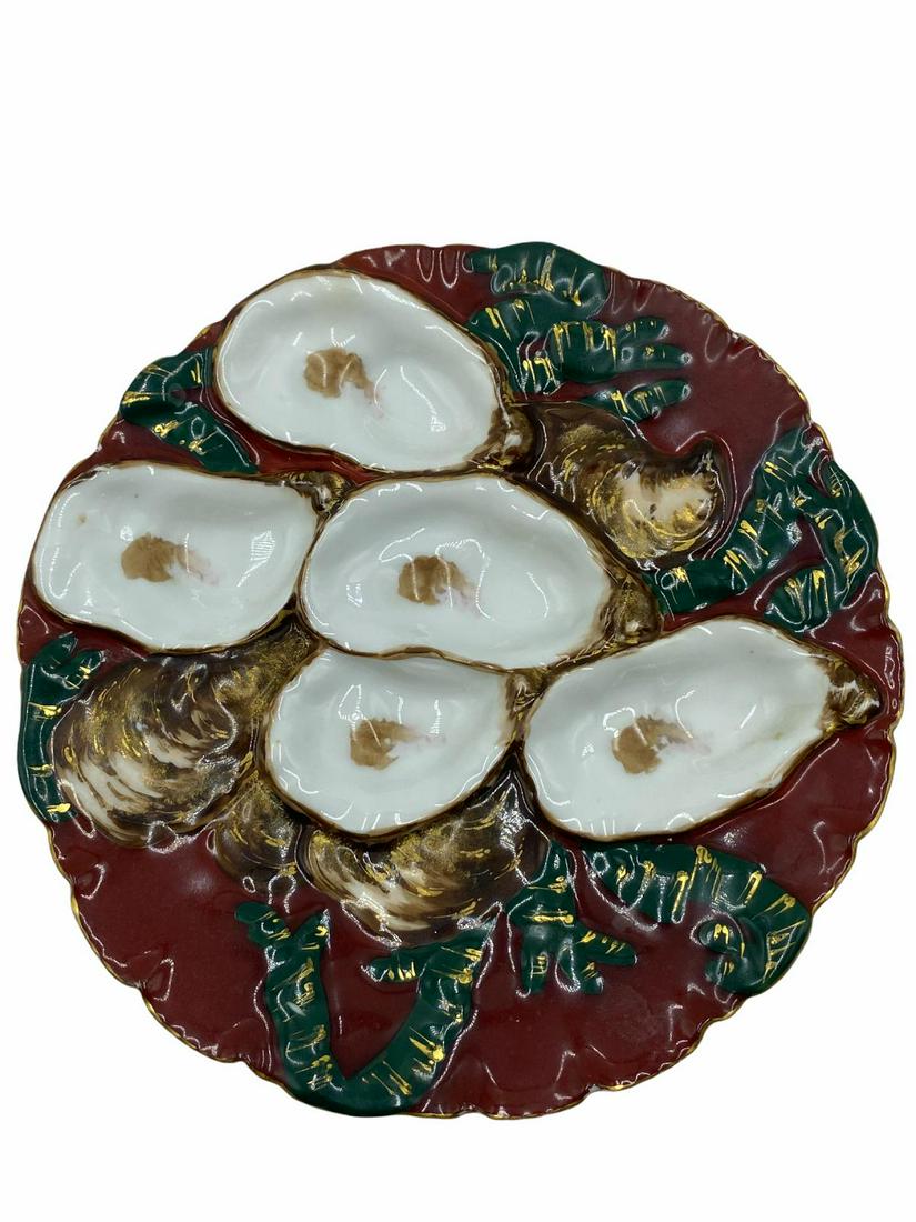 Haviland and Co Limoges Porcelain Turkey Oyster Plate: Haviland and Co Limoges Porcelain Turkey Oyster Plate with Burgundy Ground measures 8 1/2"