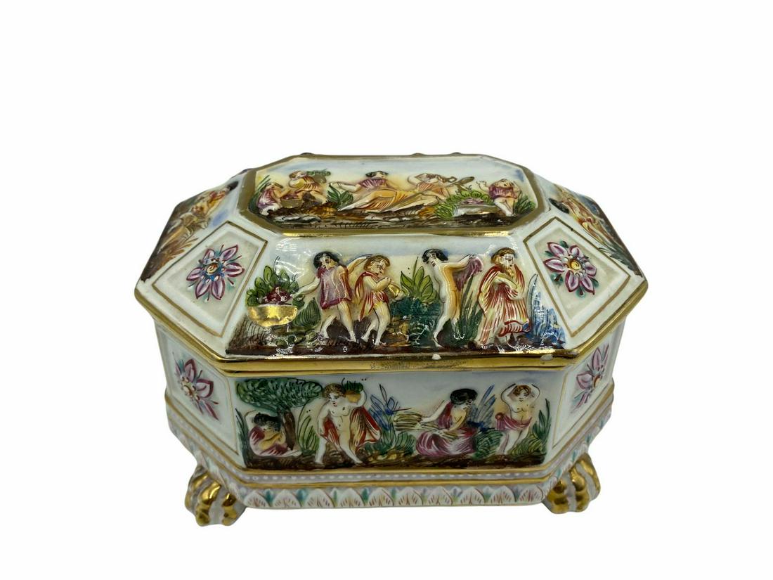 R. Capodimonte Italy Porcelain Jewelry Box: R. Capodimonte Italy Porcelain Jewelry Box measures 4" x 7" x 6 1/2". Has chips, sold as is