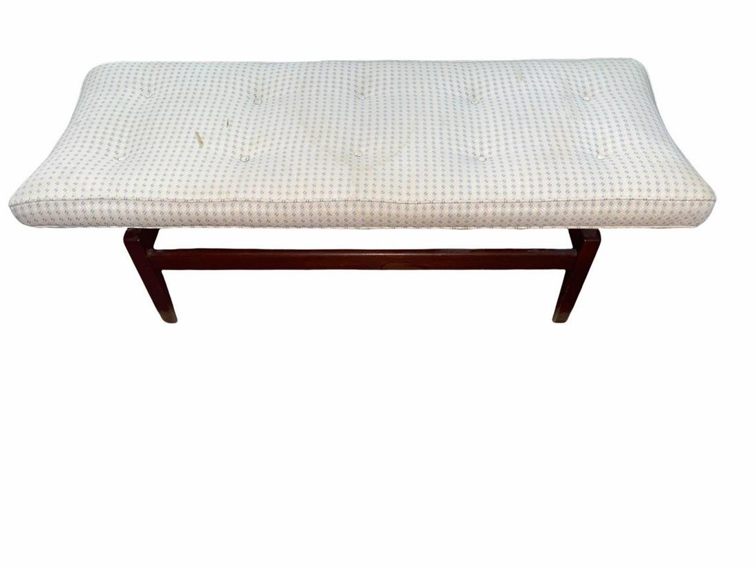 Jens Risom Walnut Upholstered Bench: Jens Risom Walnut Upholstered Bench. Jens Risom designs INC. USA c. 1960 measures 15" x 48" x 19". Is a little strained, sold as is
