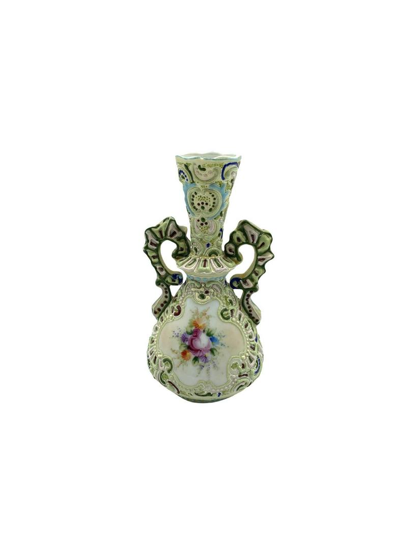 Nippon Moriage Japanese Hand Painted Porcelain with: Nippon Moriage Japanese Hand Painted Porcelain with Flower Two Handled Vase measures H: 6"