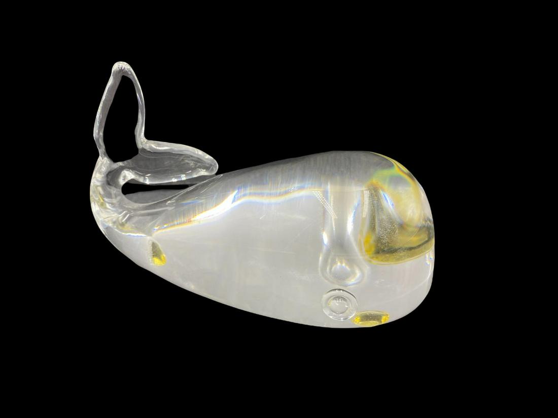 Signed Steuben Clear Glass Whale Figure: Signed Steuben Clear Glass Whale Figure measures 3" x 5"