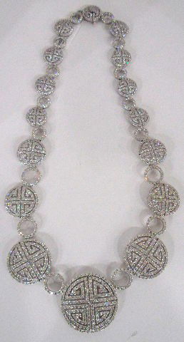 18K WG 24.27Ct Diamond Maze Necklace: Beautiful Contemporary 18K White Gold Diamond Maze Necklace. This Fabulous Designed Necklace Contains 16 Graduated Slightly Domed Open Maze Patterned Diamond Circles Seperated By 16 Round Diamond Open