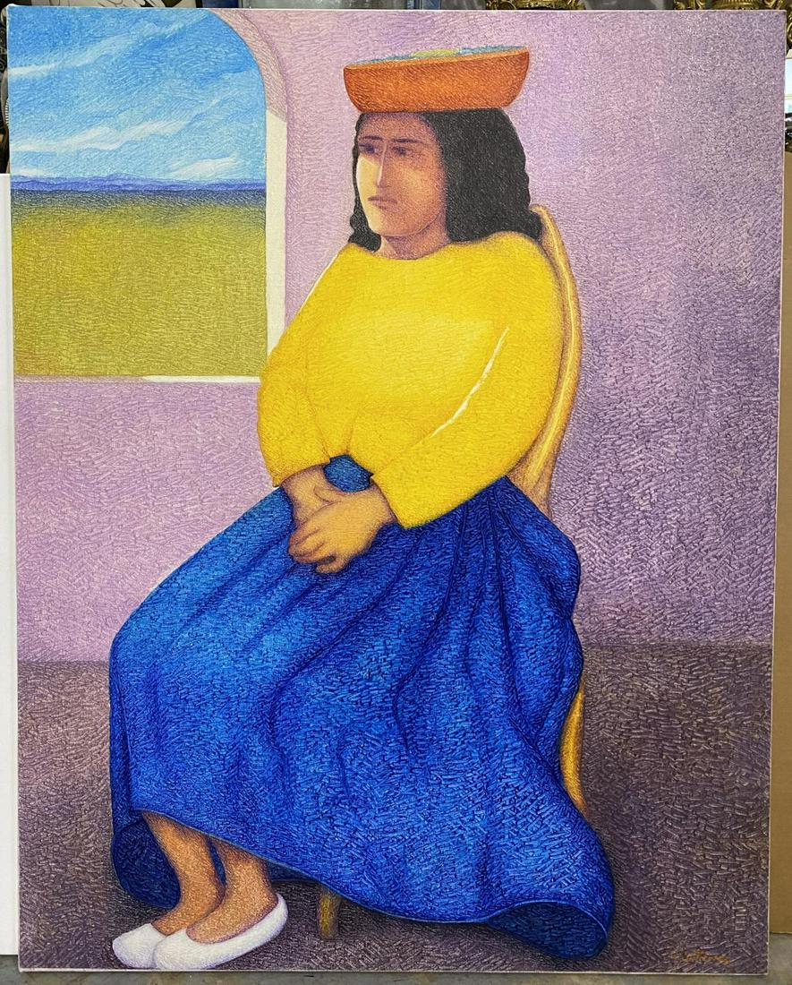 Signed Ernesto Gutierrez The Multi Colored Oil Painting: Signed Ernesto Gutierrez The Multi Colored Oil Painting on Canvas Lady From Peru, signed lower right and measures overall 38" x 48"