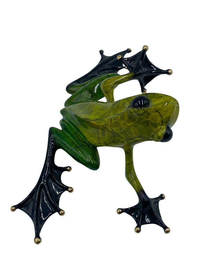 Signed Tim Cotteril (British b. 1950) Polychrome Bronze: Signed Tim Cotteril (British b. 1950) Polychrome Bronze Frog Sculpture. Signed and numbered 213/1000 measures H: 3" x L: 8" x DIA: 4"