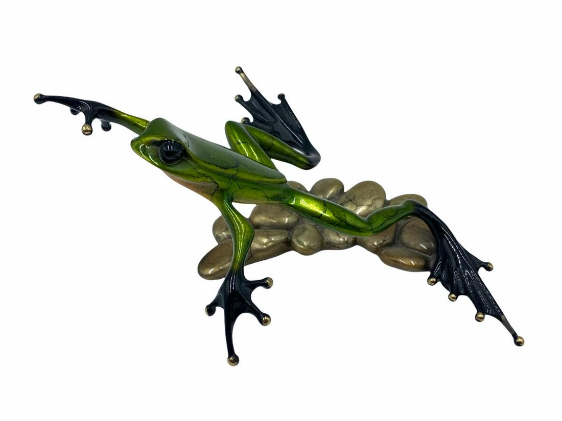 Signed Tim Cotteril (British b. 1950) Polychrome Bronze: Signed Tim Cotteril (British b. 1950) Polychrome Bronze Frog Sculpture. Signed and numbered 1332/2000 measures H: 3" x L: 6"