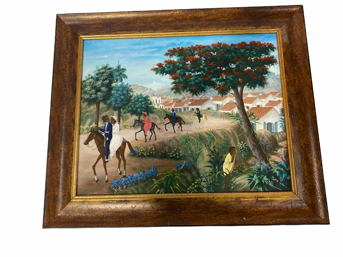 Signed Haitian Oil Painting on Canvas Depicting People: Signed Haitian Oil Painting on Canvas Depicting People with Horses and Landscape. Signed lower right measures 15 1/2" x 20", 3" frame