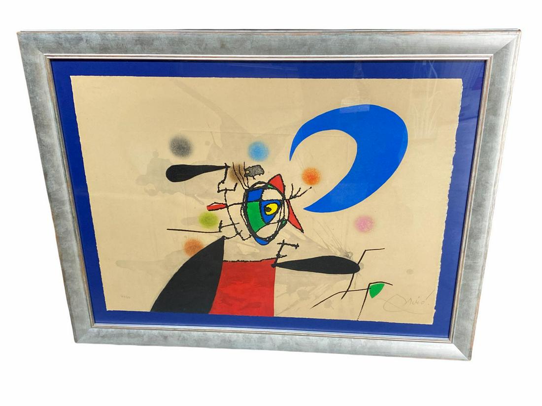 Signed Joan Miro (Spanish, 1893-1983) Lithograph in: Signed Joan Miro (Spanish, 1893-1983) Lithograph in Color Abstract. Pencil signed and numbered 44/50 measures H: 20" x W: 27", 2" frame