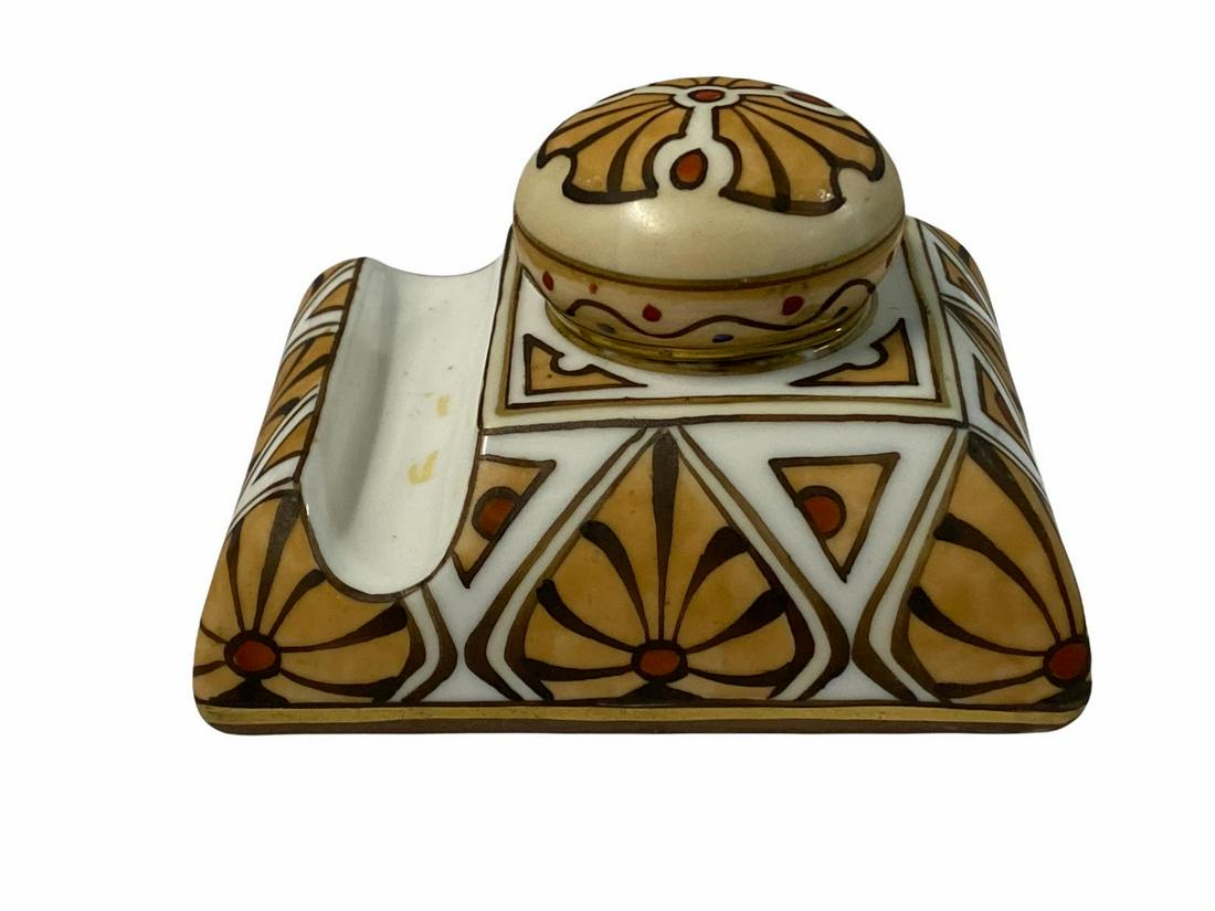 Nippon Hand Painted Porcelain Inkwell: Nippon Hand Painted Porcelain Inkwell measures 3" x 4 1/2" x 4"