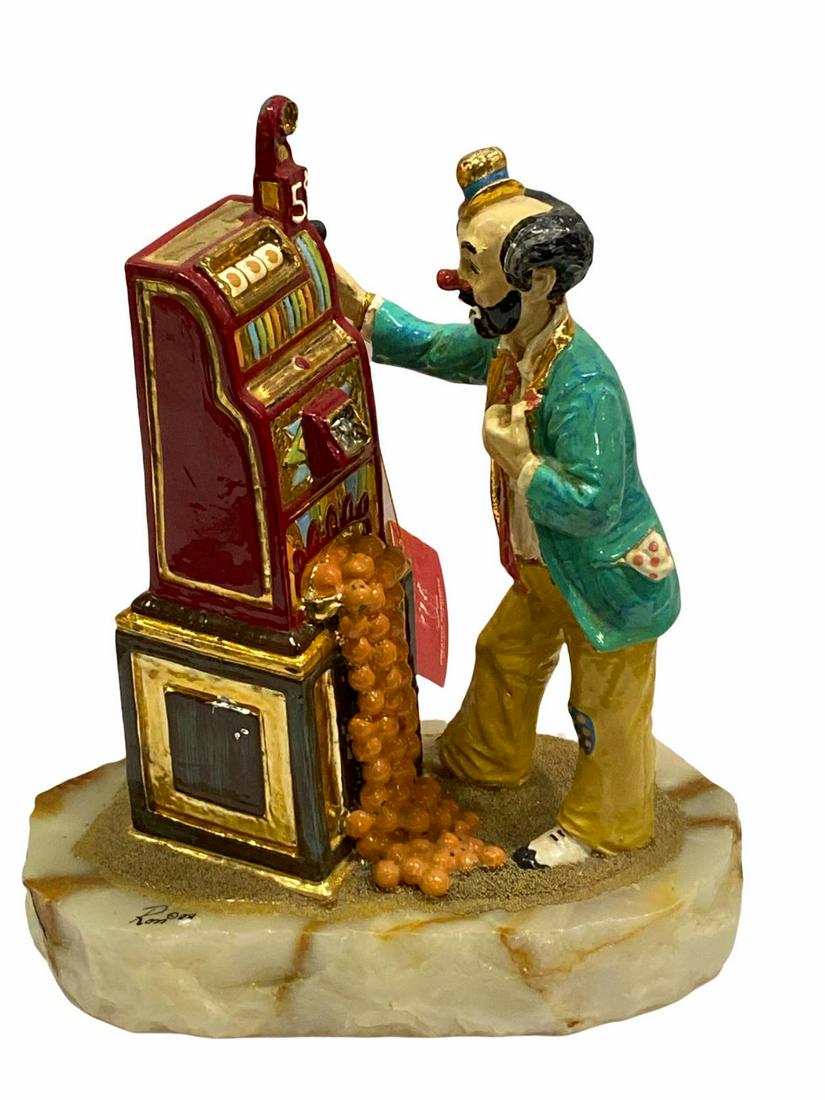 Signed Ron Lee Slot Machine Clown Figure: Signed Ron Lee Slot Machine Clown Figure measures 10" x 8"